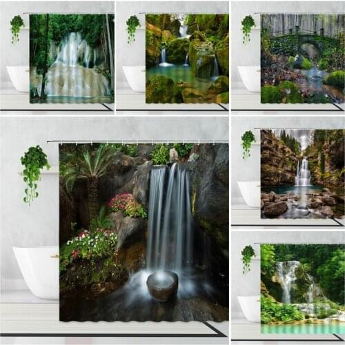3D Waterfall Scenery Waterproof Shower Curtain Forest Flowers Plants Rock Landscape Bathroom Decoration Bath Curtains Polyester