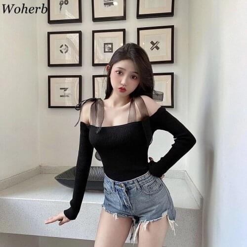 Woherb Mesh Patchwork Bandage Off Shoulder Knitwear Women 2021 Autumn Thin Sexy Slim Pullover Sweater Korean Fashion Jumper