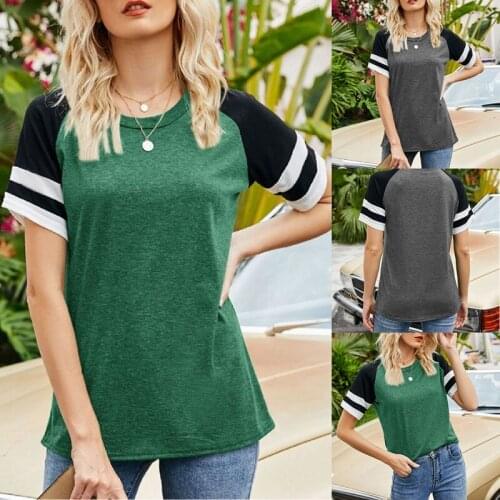 Womens New Loose Short-Sleeved Shirt Round Neck Color Matching Casual Top Sports T-Shirt