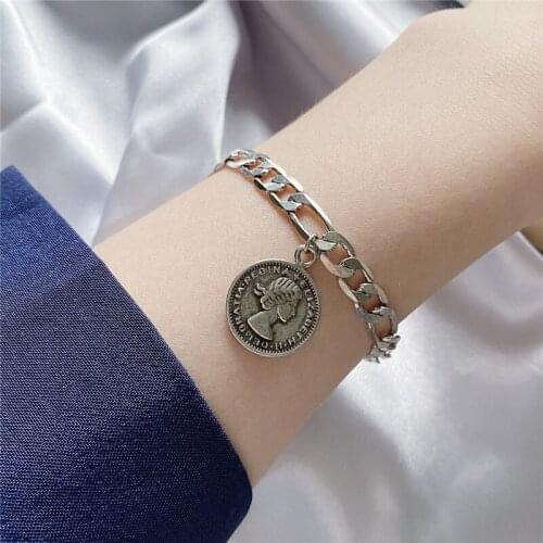 Vintage Relief Portrait Bracelet Girl Jewelry Pure Silver 925 Sterling Bracelet Female Accessories Trendy Figaro Chain Bangles