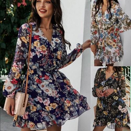 Original Boheimian Spring Summer V-neck Long Sleeve Chiffon Print Dress Women Floral Print Chic Temperament Vestido