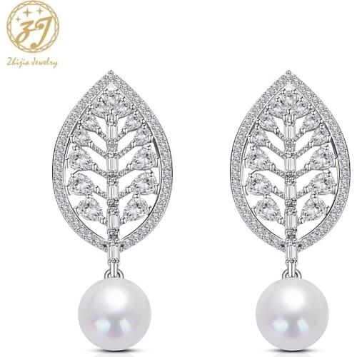 Zhijia unique charm womens bling crystal rhinestone pearl leaf shape stud earrings for women jewelry gifts