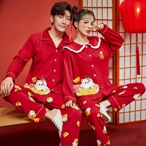 Winter Warm Thick Cotton Women Pajamas Long-sleeved Cardigan Pajamas Kawaii Cartoon Cats Couple Pajamas Fashion Warm Sleepwear