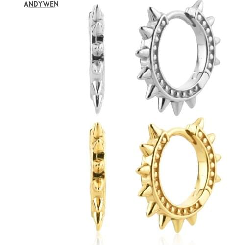 ANDYWEN 925 Sterling Silver Gold 9mm Spike Huggies Hoops Earring Luxury Rock Punk Party Wedding Jewelry Clips Pendiente Jewels