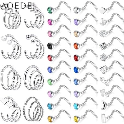 AOEDEJ 54 PCS/Lot Crystal Nose Rings for Women 316L Stainless Steel Nose Studs Indian Piercing Body Jewelry Pin Lot