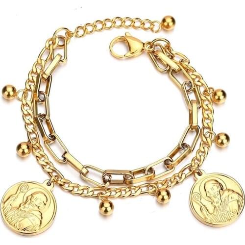 Jesus Double Layers Link Chain Bracelets Stainless Steel Catholic Saint Benedict Charm Bracelet With Beads Religion Jewelry Gift