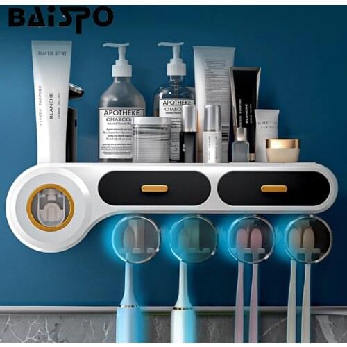 BAISPO Multifunctional Toothbrush Holder Automatic Toothpaste Dispenser Toiletries Toothbrush Rack Home Bathroom Accessories