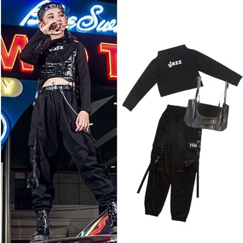 Children Jazz Dance Costume Girls Black Tops Pants Vest Suit Street Ballroom Dancing Clothing Hiphop Show Stage Outfit VDB2950