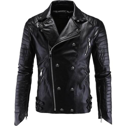 Idopy Autumn Mens Faux Leather Jackets Coats Men Punk Skull PU Leather Multi Zippers Irregular Motorcycle Biker Leather Coat
