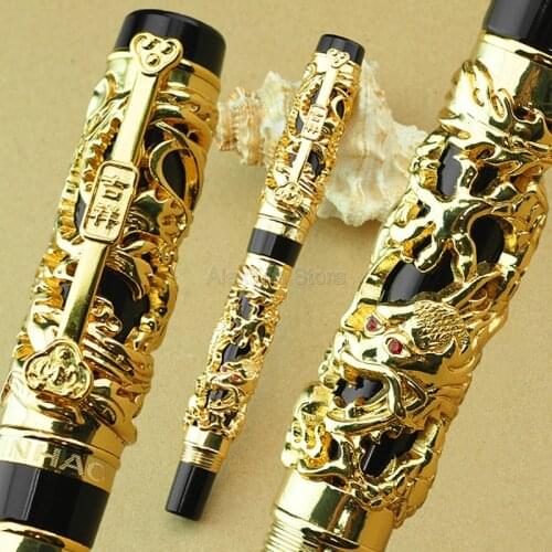 Jinhao Classic Dragon Phoenix Vintage Rollerball Pen, Metal Carving Embossing Heavy Pen, Golden & Black for Office School