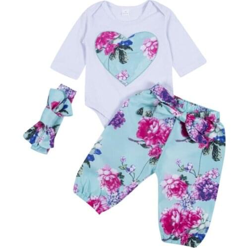 3pcs Newborn Baby Girl Floral Clothes Sets 0-24M Long Sleeve Romper Pants Headband Set Outfits