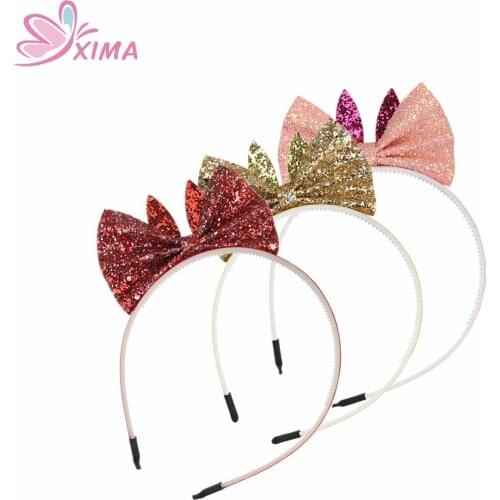 XIMA 1PC Girls Crown Tiara Shiny Sequin Bow Headband Rabbit Ears Hairband for Party Hair Hoop Headwear