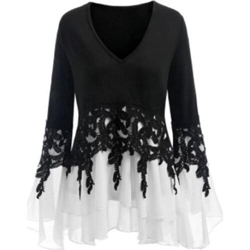 Lace Stitching Irregular Lace Tassel Long Sleeve Chiffon Shirts Women Plus Size White Blouse Womens Tops and Blouses Blusas 5XL