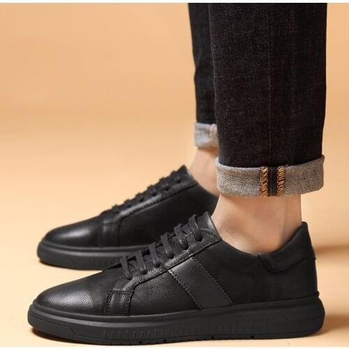 Mens Shoes Genuine Leather Black Sneakers Lace-Up Fashion Outdoor Walking Shoes Male Comfortable Spring Autumn Shoes Men Flats