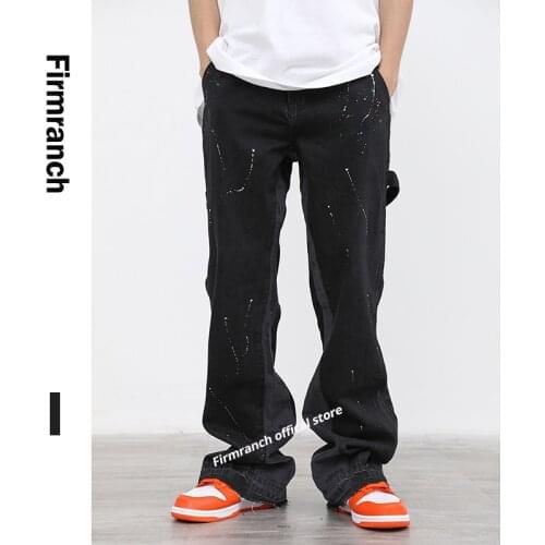 Firmranch New Men/Women Black Jeans For Men 2021 Street Stacked Jeans Paint Boot-cut Boyfriend Vibe Pants Moto Trouse
