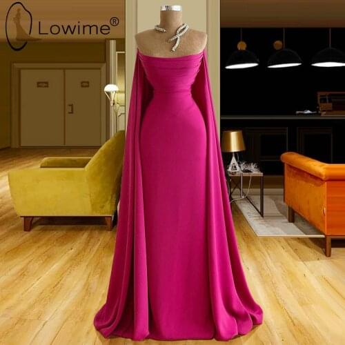 Formal Dress Fuchsia Mermaid Strapless Evening Dresses With Wrap Floor Length Satin Party Dress 2020