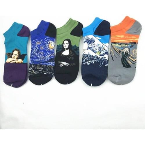 Spring and summer men and women oil painting boat socks graffiti angel blue starry sky shout Mona Lisa retro art couple socks
