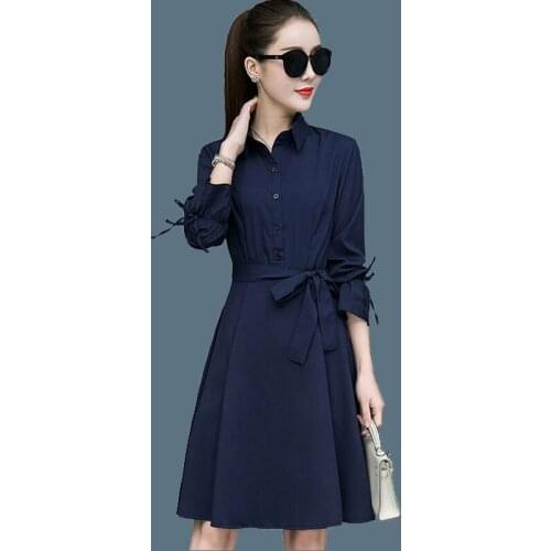 Spring dress womens new solid color long-sleeved large size long section lapel waist belt fashion wild Vestidos 2020 Sale D297