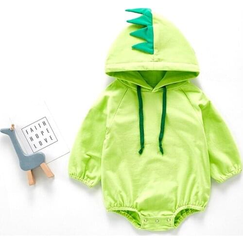 Green Hooded Baby Romper 2021 Spring Kids Boy Clothes Dinsour Cartoon Baby Girl Boy Clothing Long Sleeve Infant Clothing 0-24M
