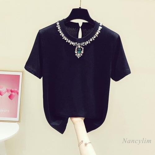 Womens Diamond Round Neck Short Sleeve T-shirt Female 2021 Summer Clothing New Korean Style Casual Slimming All-Match Top