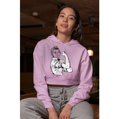 Angemiel Wear Strong Women Pink Short Hooded Sweatshirt