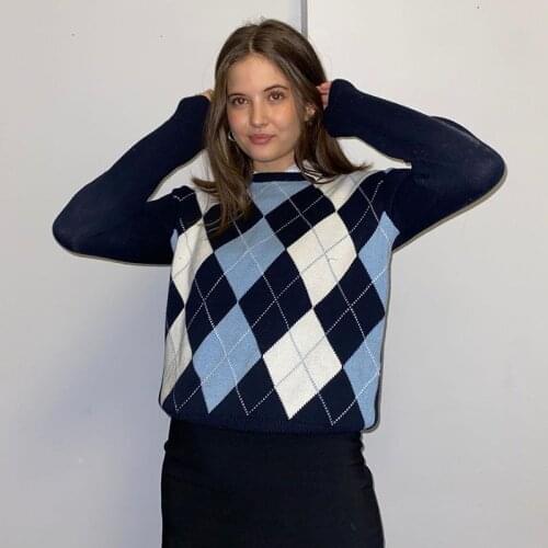 SUCHCUTE Argyle Sweater Plaid Knitted Women e girl Preppy Style y2k O neck 2020 Autumn blue long sleeve Patchwork 90s outfits