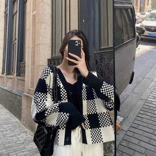 Knit Cardigan Sweaters Women Lattice Long Sleeve V-Neck Autumn Stylish Fashionable Korean Style Loose Leisure Chic Cardigan