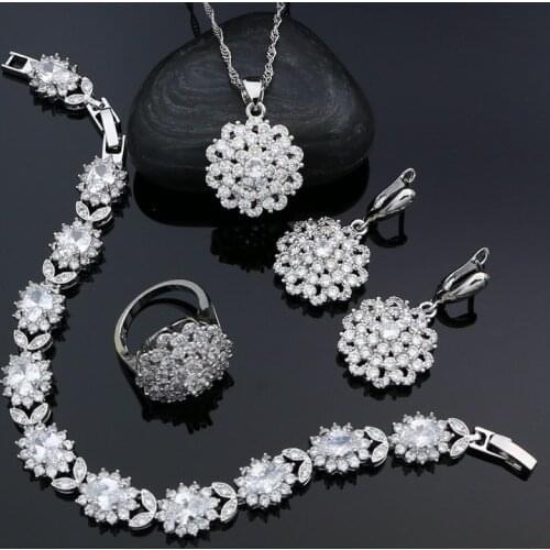 925 Silver Bridal Jewelry Sets for Women White Cubic Zirconia Crystal Earrings Pendant Necklace Ring Bracelet Set