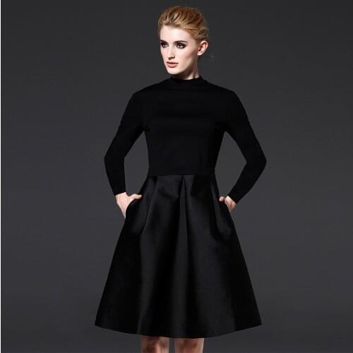 Women Classic Dress Holiday Party Gowns Black Color Fit and Flare Dresses Elegant Ladies Clothes with Full Sleeve ssd033