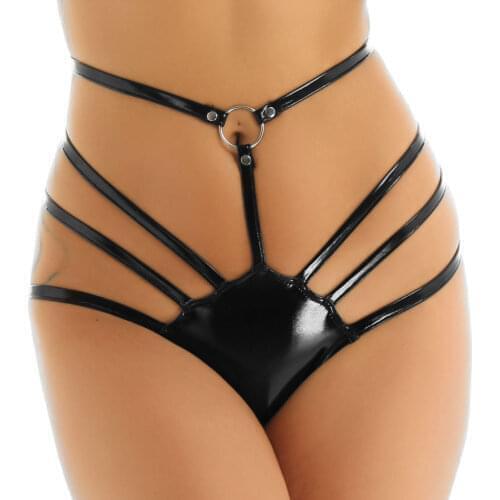 Womens Lingerie Sex Underwear Wet Look Patent Leather Adjustable Waist High Cut Solid Strappy G-string Bikini Thong Underwear