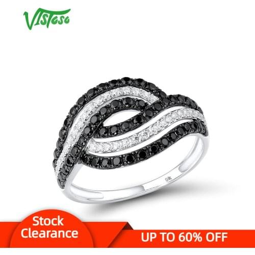 VISTOSO Gold Rings For Women Genuine 9K 375 White Gold Ring Sparkling White CZ Black Spinel Promise Band Rings Fine Jewelry