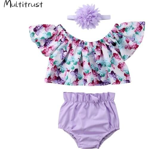 3Pcs Hot Newborn Baby Girl Clothes Off Shoulder Floral Top +Shorts Brief +Headband Outfits Set 0-24 Months