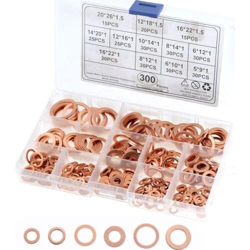 300PCS/BOX M5-M20 Copper Washer Gasket Nut and Bolt Set Flat Ring Seal Assortment Kit For Sump Plugs Water M6 M8 M10 M12 M14 M16