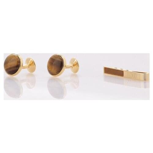 Luxury Tie Clip Cufflinks Set Natural Tiger Eye Stone Cuff Links Tie Clip Bar Sets Wedding Party Men Gift Fashion Jewelry 5 Sets