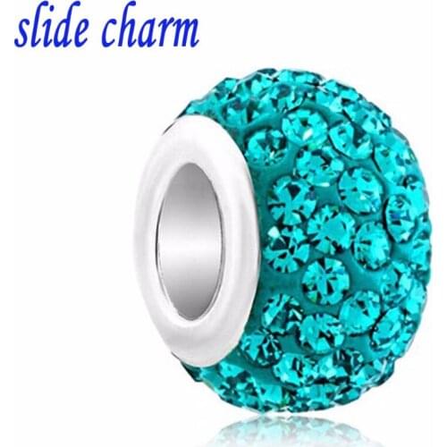 Slide charm Free shipping Valentine clay amulet blue sea blue crystal charm beads fit Pandora bracelet rainbow