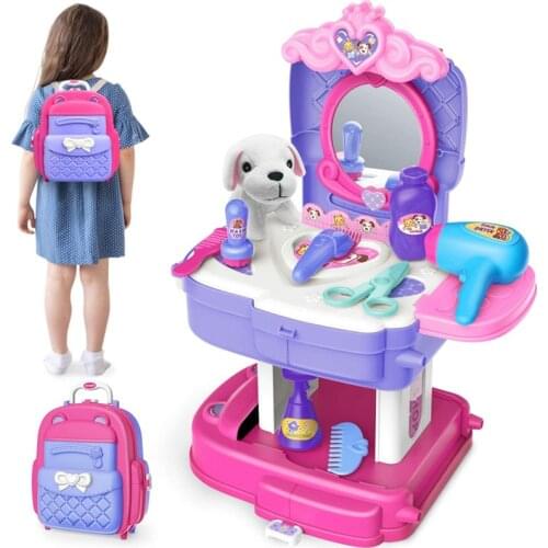 Kids Pet Care Grooming Toy Beauty Salon Children Toys for Girls Dog Care Role Play Pretend Backpack Games Doll House Accessories
