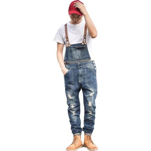 Japanese Slim Denim Bibs Male Zipper Decoration Suspenders Pants Workwear Siamese Pants Mens Wear Workwear Size M L XL XXL
