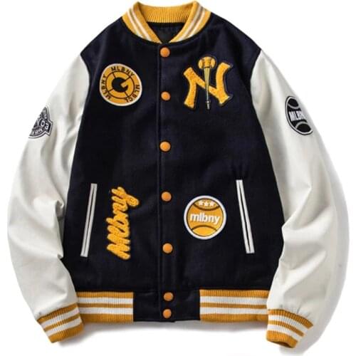 ERENEJIAN Unisex Varsity Baseball Jackets Couples Streetwear Letterman Coat With Embroidery College Outerwear Leather Sleeve
