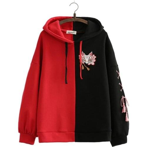 Harajuku Contrast Cartoon Embroidery Casual Fleece Pullover Hoodies Sweatshirt Women 2020 Winter Long Sleeve Korean Female Top