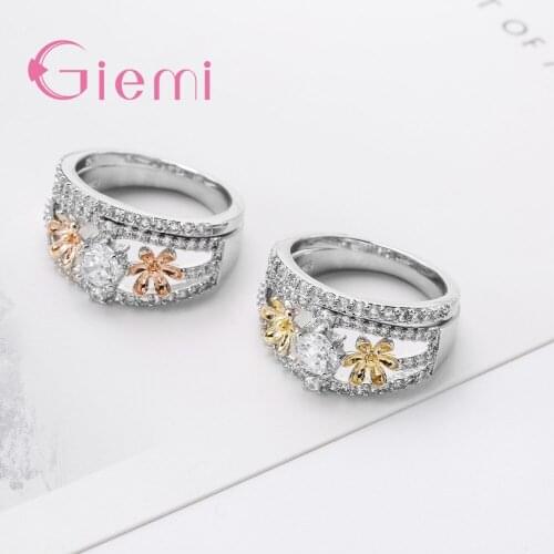 GIMEI Top Quality 925 Sterling Silver Inlaid Crystals Rings Pave Rose Gold/Gold Flower Shape For Women Hot Sale Trendy Jewelry