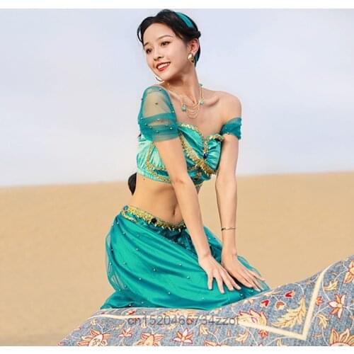 Jasmine Princess Dance Feminine Jasmine Costume Women Girls Halloween Party Performance Stage Belly Dance TopvPants Headwear
