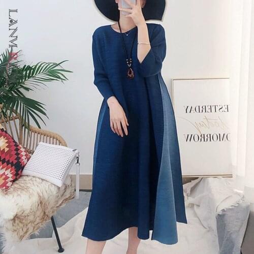 LANMREM New Arrivals Pleated Dress For Women 2021 Summer Autumn Contrast Color Loose Long Sleeve Round Neck Fashion 2T1504