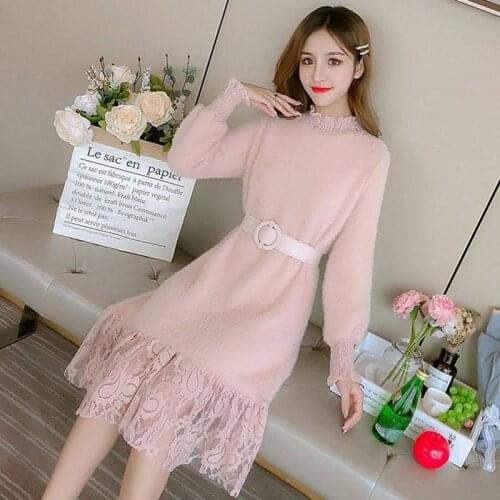 Half-high Collar Dress Female Autumn And Winter 2020 New Korean Lace Stitching Fashion Plush Bottoming Shirt