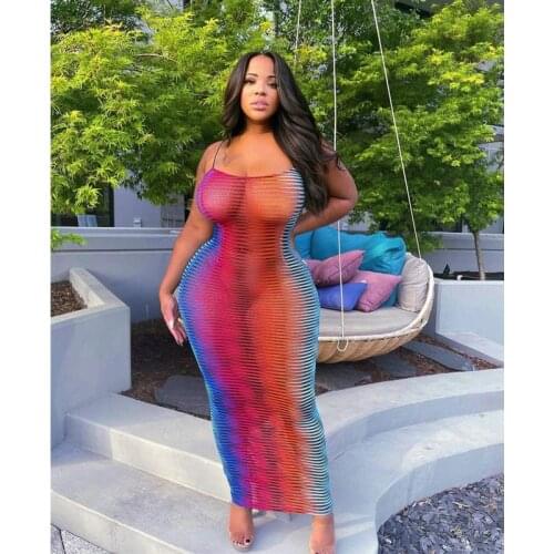 See-through Sexy Suspender Plus Size Dress Gradient Sling Open Back Dress for Women Fashion Bodycon Night Club Wear Dropshipping