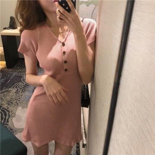Summer Women Mini Dresses High Waist V-neck Short Sleeve Knit Dress Button Slim Casual Sweet Korean Style 2021 New Chic Stylish