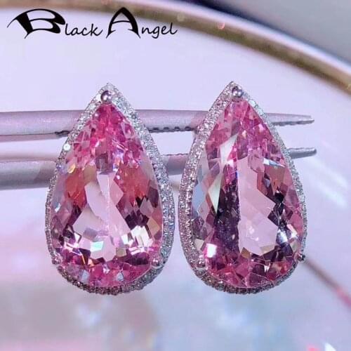 BLACK ANGEL Big Water Drop Shaped 925 Silver Luxury Pink Tourmaline Gemstone Stud Earrings For Women Ear Jewelry Christmas Gift