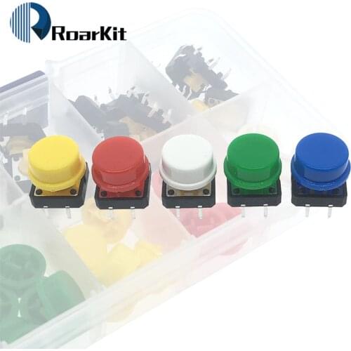 25PCS Tactile Push Button Switch Momentary 12*12*7.3MM Micro switch button + Button cap(5 colors) + Component box for Arduino