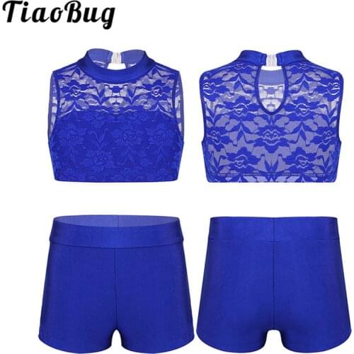 TiaoBug Kids Teens Gymnastics Shorts Tops Set Stage Dance Costume Girls Floral Lace Ballet Leotards Crop Top Bottoms Dance Set