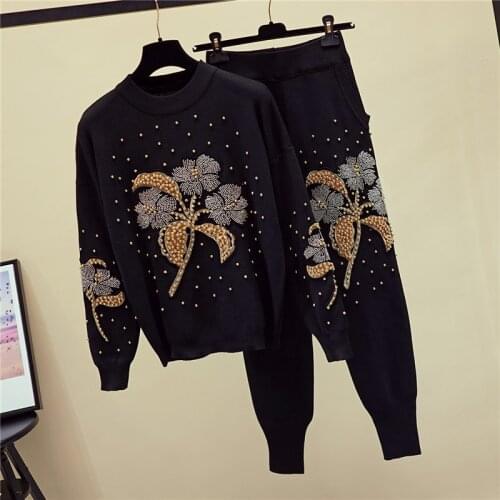 Manual Beading Flowers Knitted Tracksuit Outfits Loose Women Autumn O Neck Knit Sweater Pencil Pants Sets Casual Knitwear Female