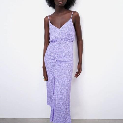 ZA Summer Women Folds Camisole Dress Midi Printed Backless Dresses Lady Party Vestido Elegant Girl A-line Causal Outfits